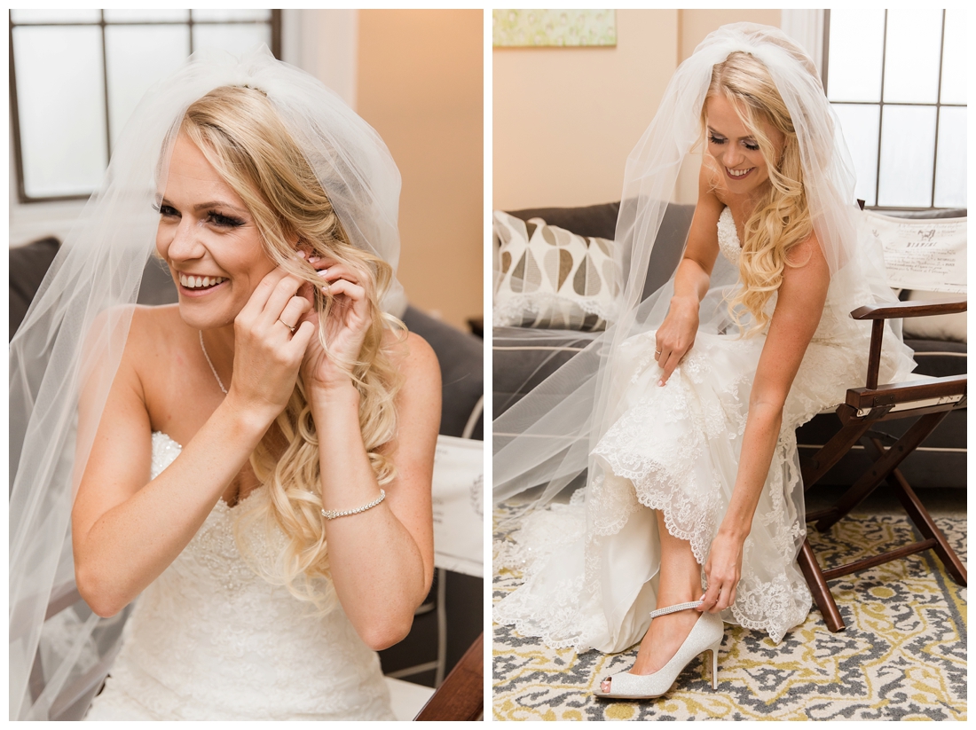 Towson Maryland Catholic Church Ceremony. Joppa Maryland Mountain Branch Golf Club Wedding. The Belvedere bridal wedding preparation. The bride putting on her earrings and shoes