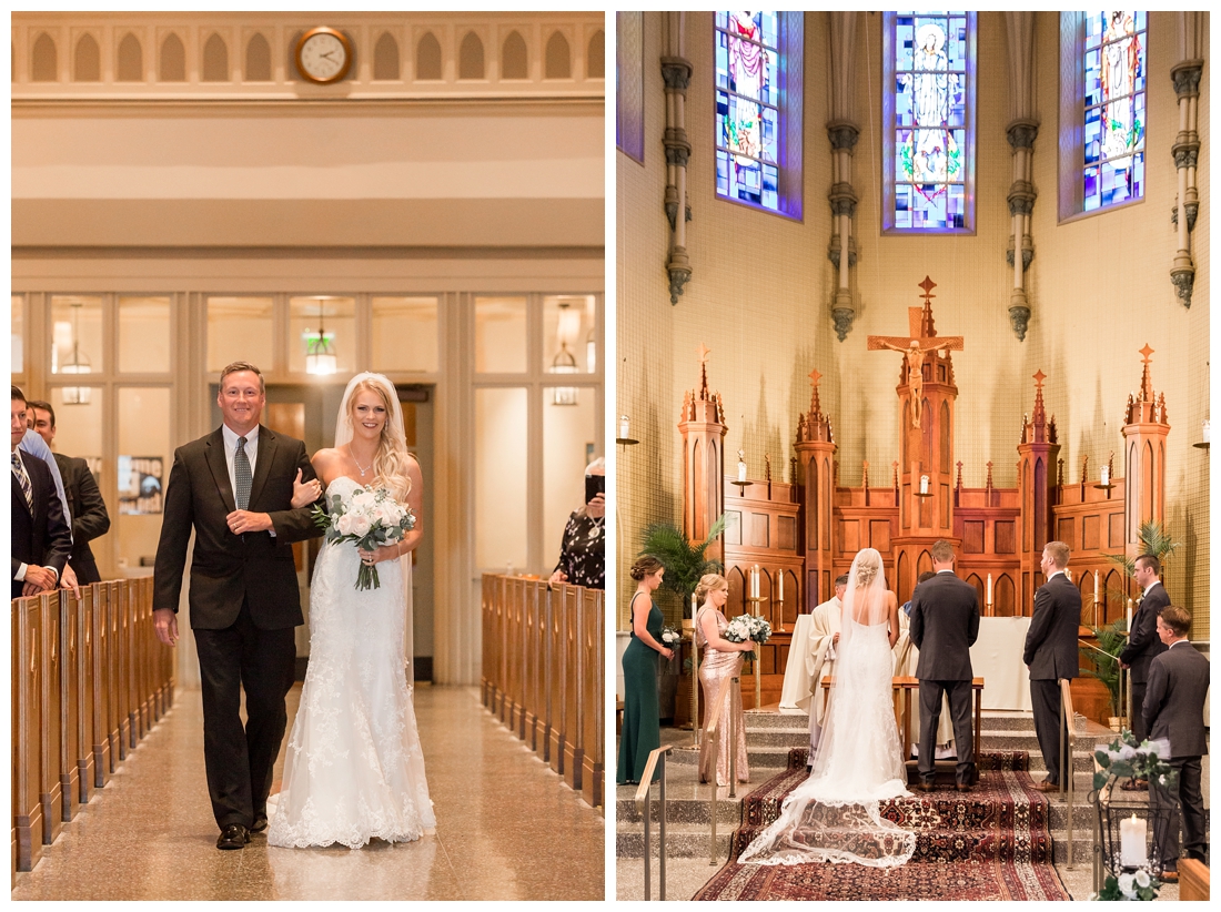 Towson Maryland Catholic Church Ceremony. Joppa Maryland Mountain Branch Golf Club Wedding. The Belvedere bridal wedding preparation. Bride walking down the aisle with her uncle