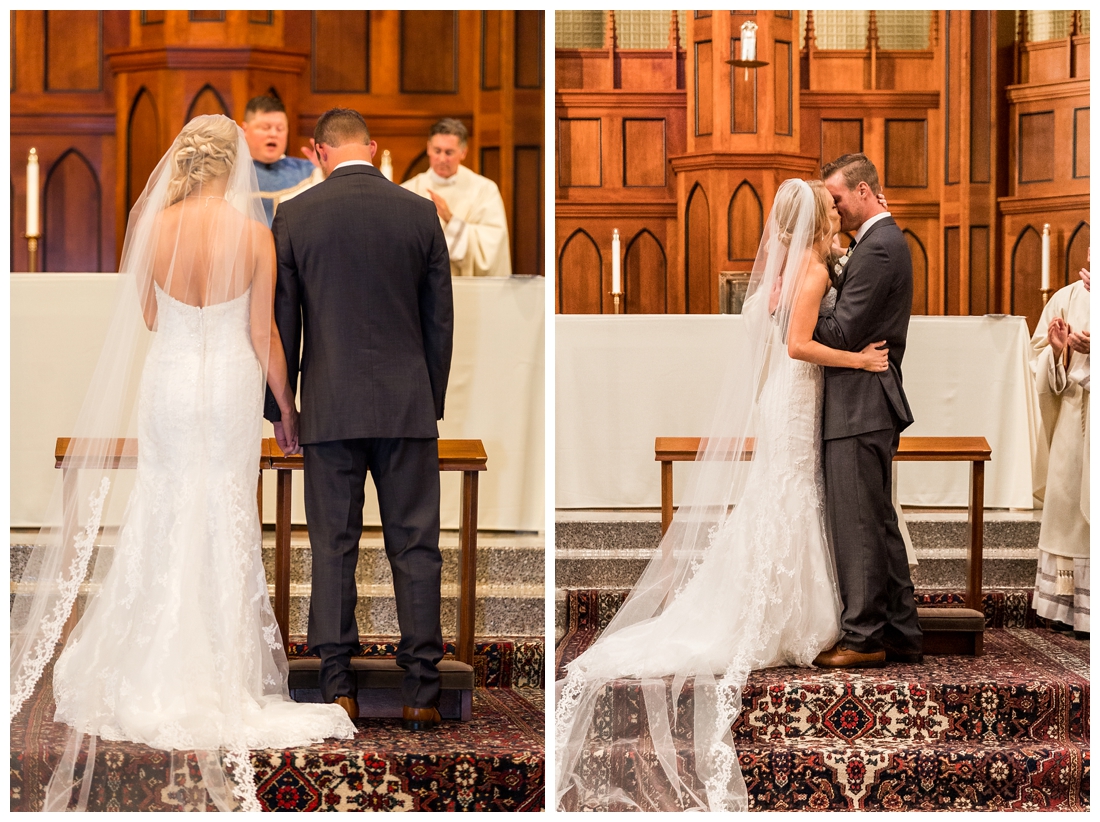 Towson Maryland Catholic Church Ceremony. Joppa Maryland Mountain Branch Golf Club Wedding. The Belvedere bridal wedding preparation. Bride and groom's first kiss at the altar