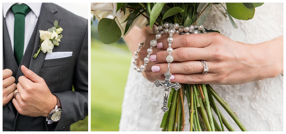 Towson Maryland Catholic Church Ceremony. Joppa Maryland Mountain Branch Golf Club Wedding. The Belvedere bridal wedding preparation. Groom's boutonniere and rosary on bride's bouquet 