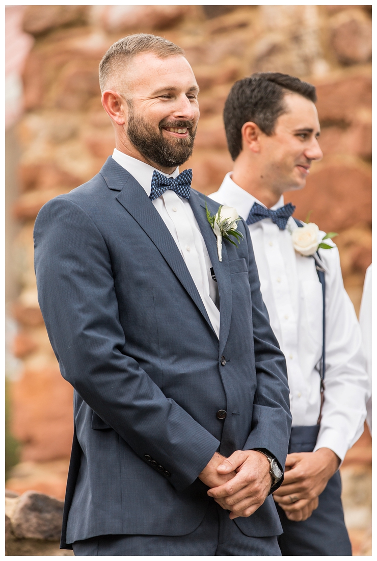 Winery at Bull Run Virginia Wedding. Bride and Groom married ar ruins in vineyards. Dusty Blue and Navy Wedding. Groom's reaction to his bride. Groom seeing bride for the first time