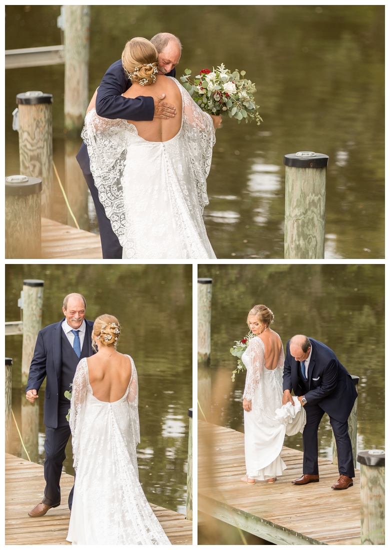 Eastern Shore Wedding. Water Front Wedding. Maryland Wedding. Queenstown Maryland. Fall October Wedding. Burgundy and Navy wedding colors. Maryland Wedding Photographer, Annapolis Wedding Photographer. Wedding at private residence, wedding at our home, tent wedding. Bide has a first look with her father on a pier