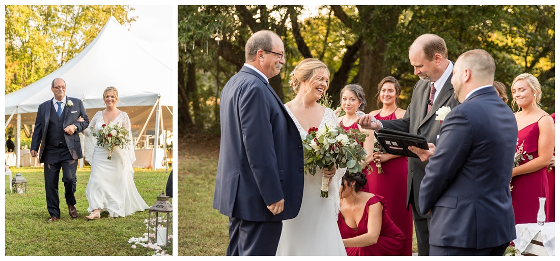 Eastern Shore Wedding. Water Front Wedding. Maryland Wedding. Queenstown Maryland. Fall October Wedding. Burgundy and Navy wedding colors. Maryland Wedding Photographer, Annapolis Wedding Photographer. Wedding at private residence, wedding at our home, tent wedding. Waterfront ceremony 