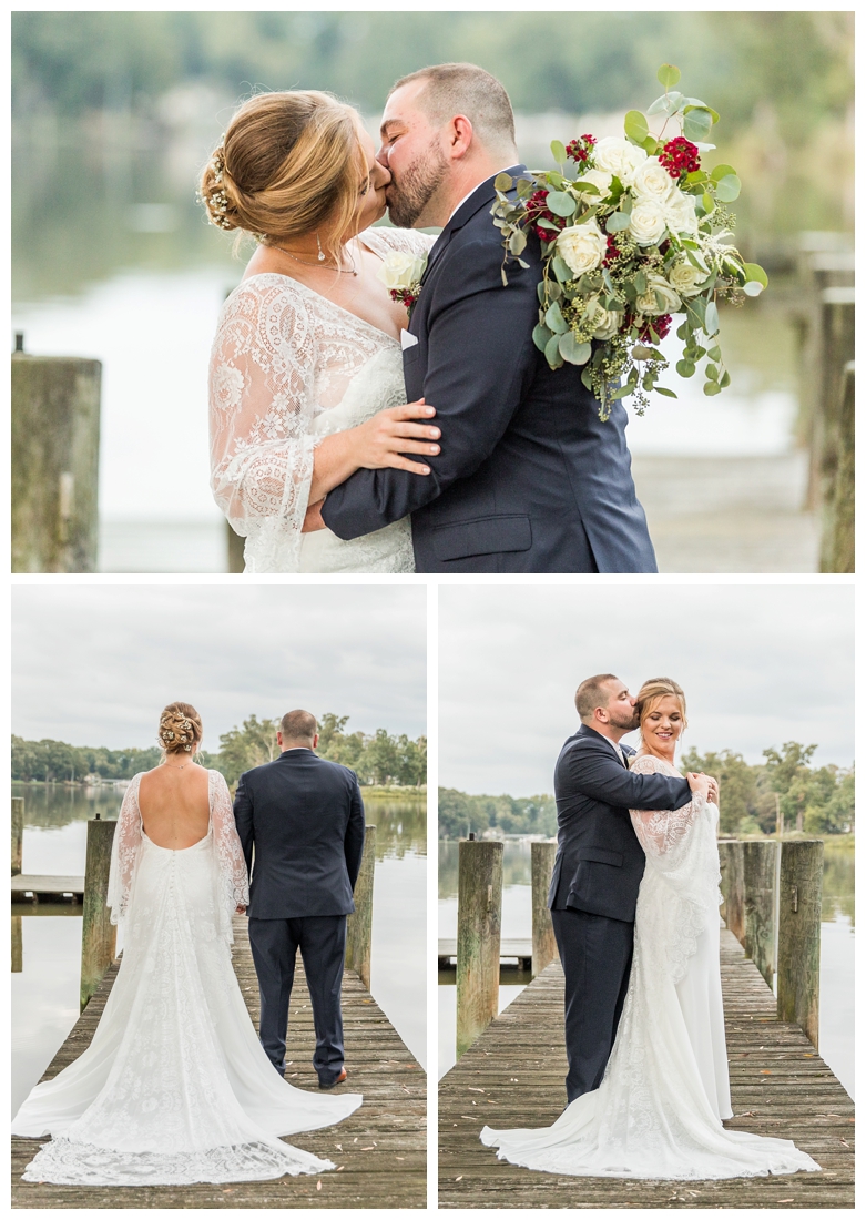 Eastern Shore Wedding. Water Front Wedding. Maryland Wedding. Queenstown Maryland. Fall October Wedding. Burgundy and Navy wedding colors. Maryland Wedding Photographer, Annapolis Wedding Photographer. Wedding at private residence, wedding at our home, tent wedding. bride and groom portraits on a pier