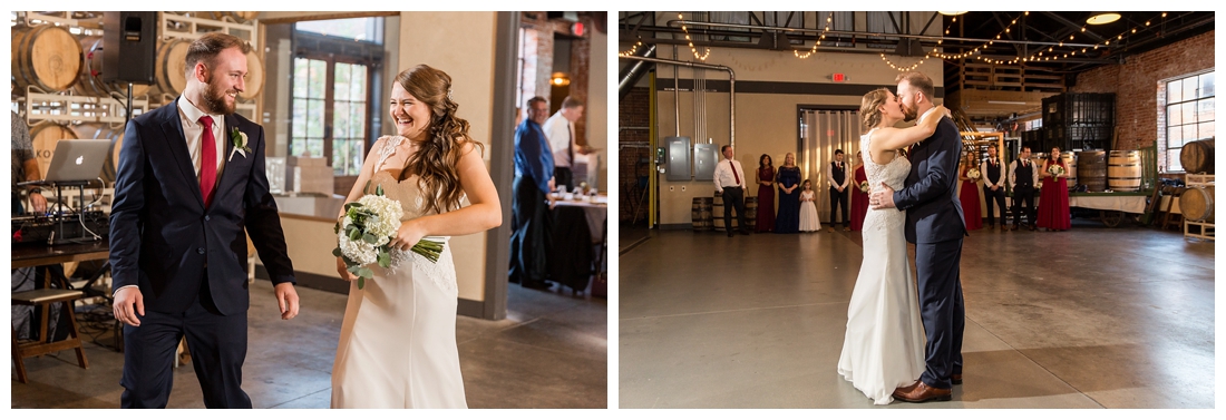 Frederick Maryland McClintlock Distillery Wedding. Frederick Wedding. Distillery Wedding. Cottage getting ready. Air bnb wedding day. Burgundy and Navy wedding color scheme. bride and groom share their first dance