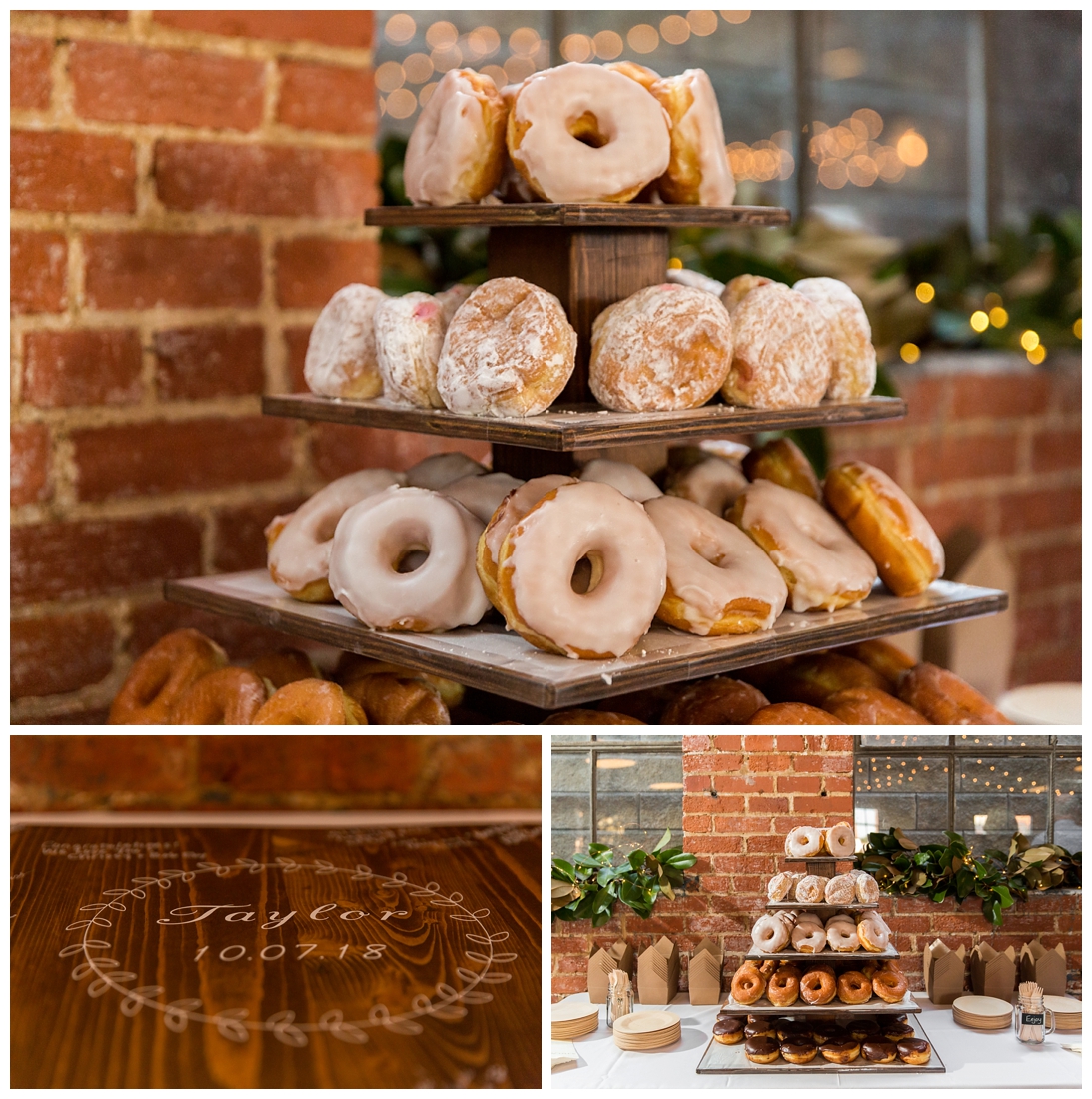 Frederick Maryland McClintlock Distillery Wedding. Frederick Wedding. Distillery Wedding. Cottage getting ready. Air bnb wedding day. Burgundy and Navy wedding color scheme. guest book wood slab donut tower donut smashing