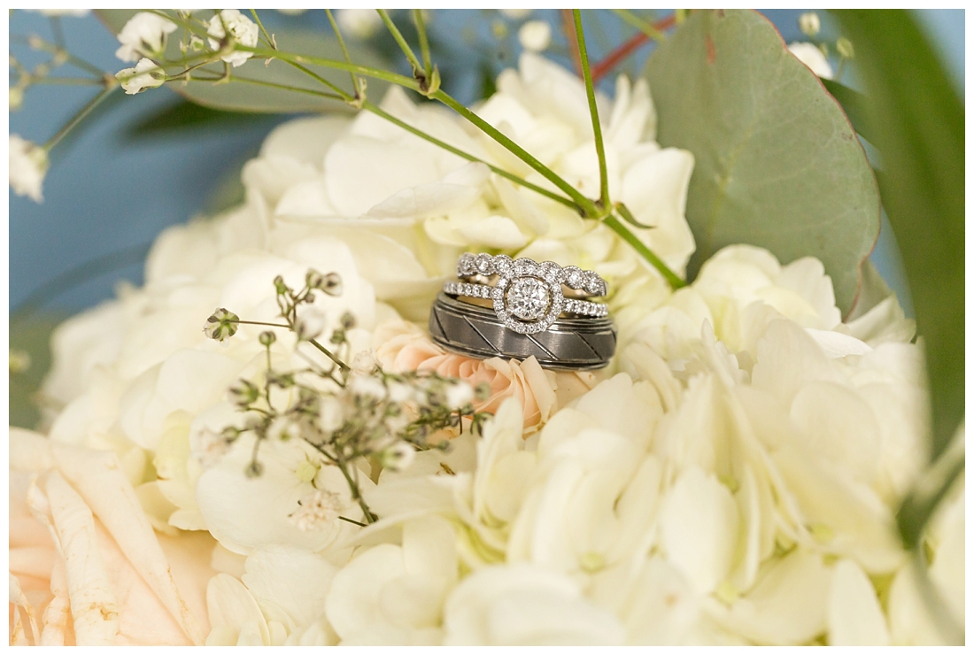 Fall wedding at The Royer House in Westminster Maryland. Cool fall day with dusty blue theme. Carroll County wedding. Cold Wedding day. Windy Wedding. Farm Wedding.  wedding rings on bride's bouquet.