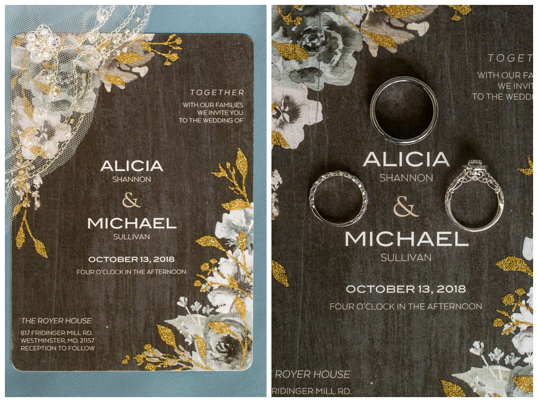 Fall wedding at The Royer House in Westminster Maryland. Cool fall day with dusty blue theme. Carroll County wedding. Cold Wedding day. Windy Wedding. Farm Wedding.  wedding invitation. Wedding rings on invitation