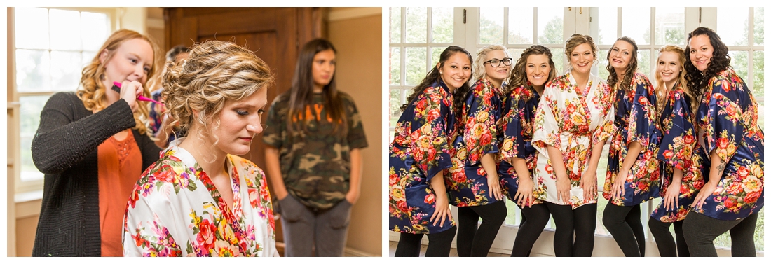 Fall wedding at The Royer House in Westminster Maryland. Cool fall day with dusty blue theme. Carroll County wedding. Cold Wedding day. Windy Wedding. Farm Wedding. bridal party robes. bride having her hair done. 