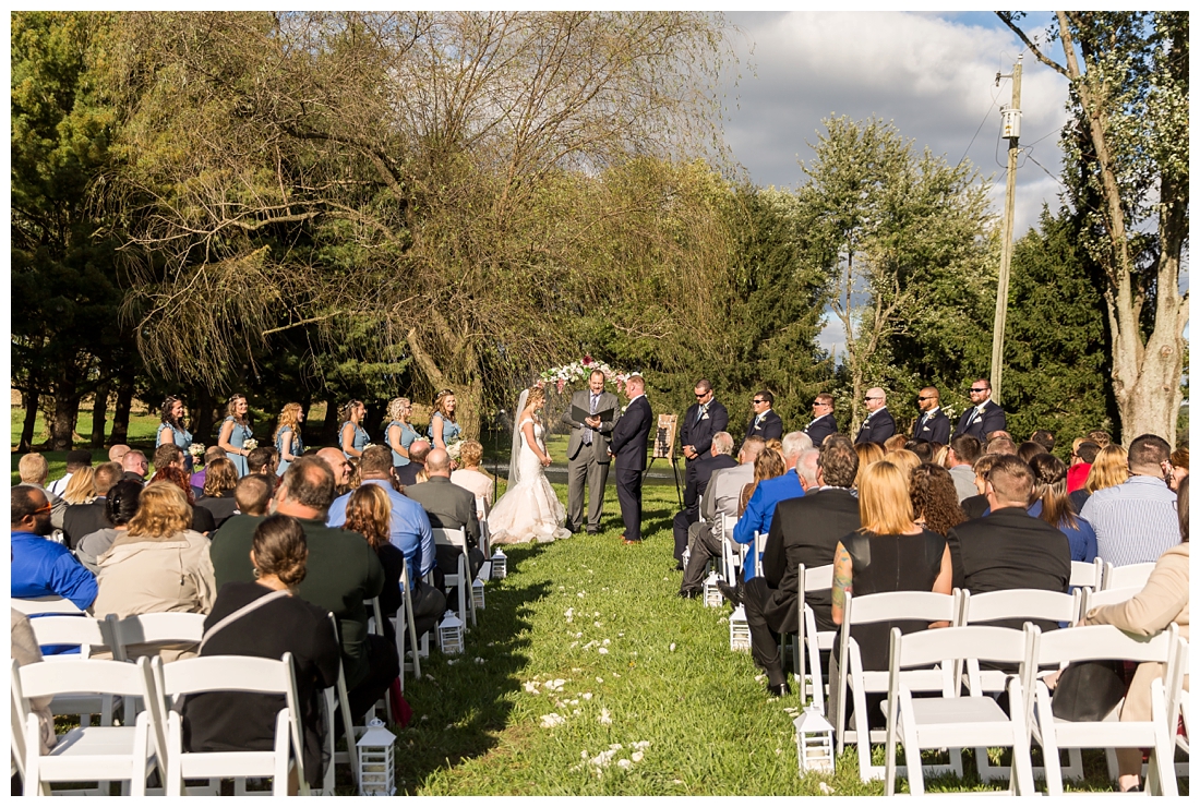 Fall wedding at The Royer House in Westminster Maryland. Cool fall day with dusty blue theme. Carroll County wedding. Cold Wedding day. Windy Wedding. Farm Wedding.  outdoor wedding ceremony