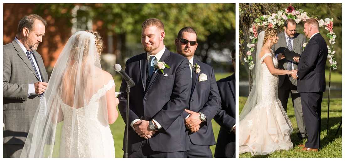 Fall wedding at The Royer House in Westminster Maryland. Cool fall day with dusty blue theme. Carroll County wedding. Cold Wedding day. Windy Wedding. Farm Wedding. bride reading her vows to the groom