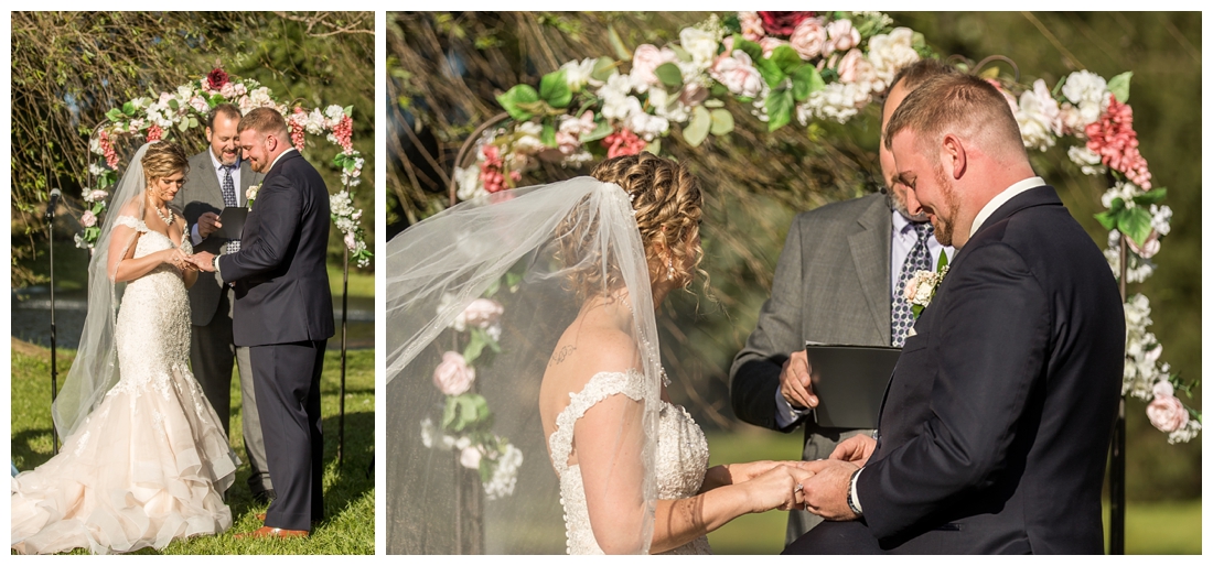 Fall wedding at The Royer House in Westminster Maryland. Cool fall day with dusty blue theme. Carroll County wedding. Cold Wedding day. Windy Wedding. Farm Wedding.  placing of rings in ceremony. Wedding rings