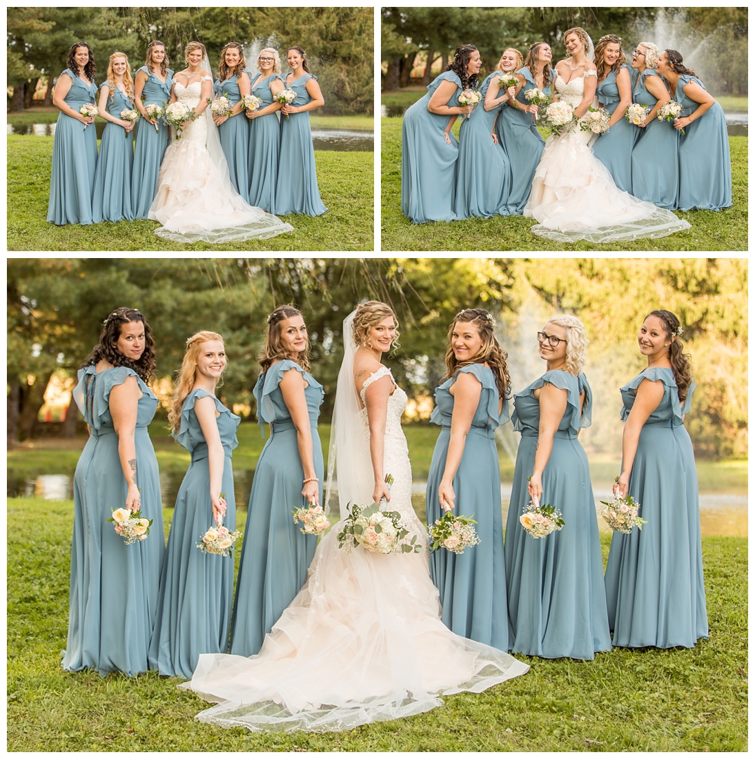 Fall wedding at The Royer House in Westminster Maryland. Cool fall day with dusty blue theme. Carroll County wedding. Cold Wedding day. Windy Wedding. Farm Wedding.  bride and bridesmaid photos