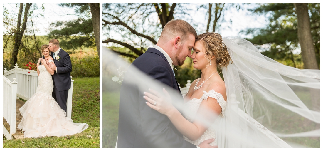 Fall wedding at The Royer House in Westminster Maryland. Cool fall day with dusty blue theme. Carroll County wedding. Cold Wedding day. Windy Wedding. Farm Wedding. bride and groom portraits. Portraits on a farm. fall wedding photos. veil photos