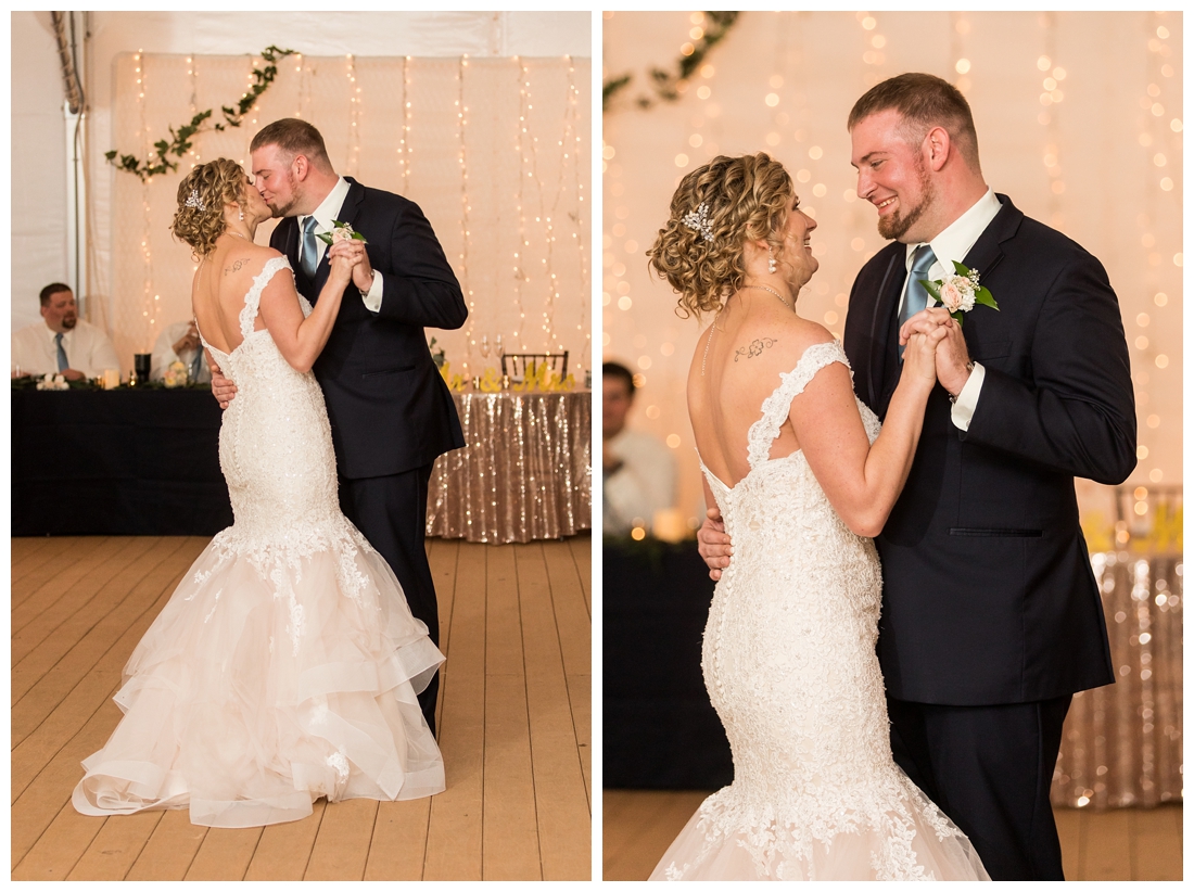 Fall wedding at The Royer House in Westminster Maryland. Cool fall day with dusty blue theme. Carroll County wedding. Cold Wedding day. Windy Wedding. Farm Wedding. bride and groom share their first dance