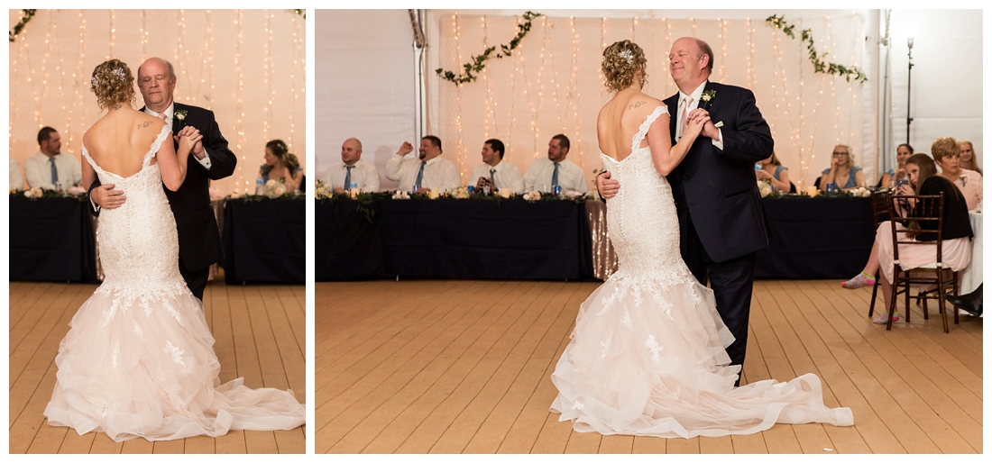 Fall wedding at The Royer House in Westminster Maryland. Cool fall day with dusty blue theme. Carroll County wedding. Cold Wedding day. Windy Wedding. Farm Wedding. bride shares a dance with her father. Father daughter dance.