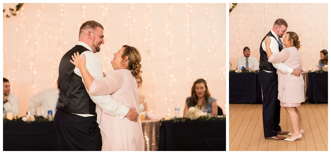 Fall wedding at The Royer House in Westminster Maryland. Cool fall day with dusty blue theme. Carroll County wedding. Cold Wedding day. Windy Wedding. Farm Wedding. groom shares a dance with his mother. mother son dance