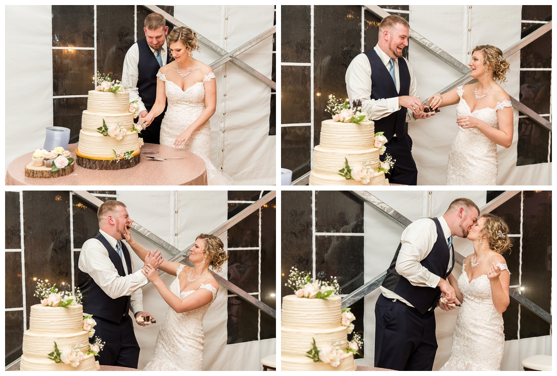 Fall wedding at The Royer House in Westminster Maryland. Cool fall day with dusty blue theme. Carroll County wedding. Cold Wedding day. Windy Wedding. Farm Wedding. bride and groom cutting their white wedding cake