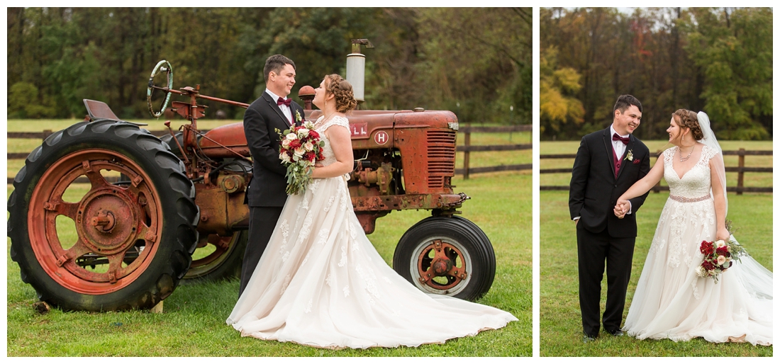 Vineyards of Marys Meadow Wedding in Darlington Maryland. Rainy fall wedding. Cold wedding day. Rainy wedding day. maryland wedding photographer. Barn wedding. Farm Wedding. bride and groom newlywed photos with tractor.