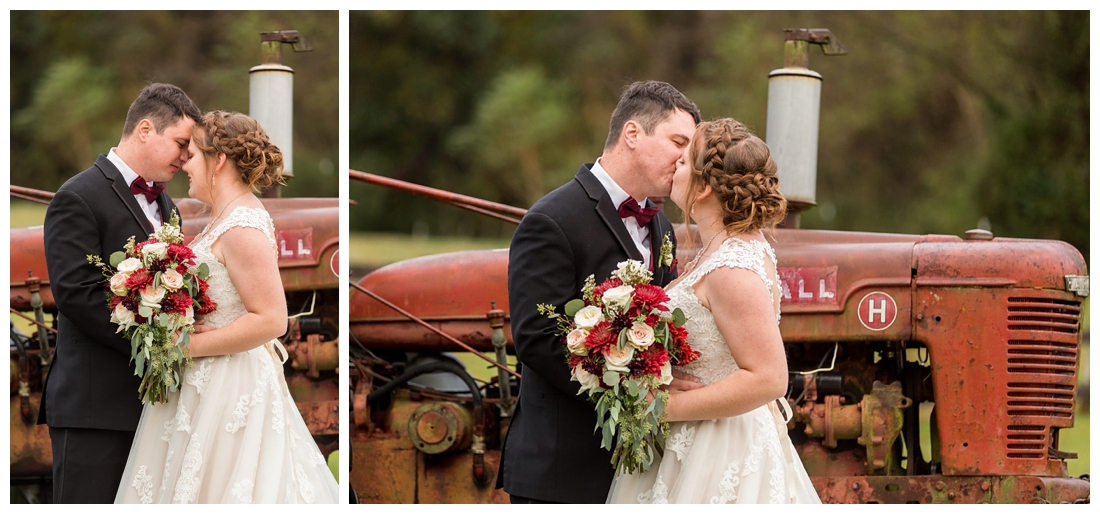 Vineyards of Marys Meadow Wedding in Darlington Maryland. Rainy fall wedding. Cold wedding day. Rainy wedding day. maryland wedding photographer. Barn wedding. Farm Wedding. bride and groom newlywed portraits with tractor