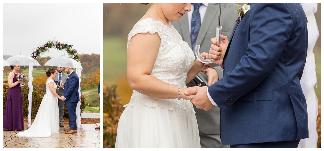 Fall wedding frederick maryland. PB dye golf club wedding. purple and navy wedding. disney themed wedding. rainy wedding day. rainy outdoor ceremony. Rain during the ceremony. Corgi cake topper.