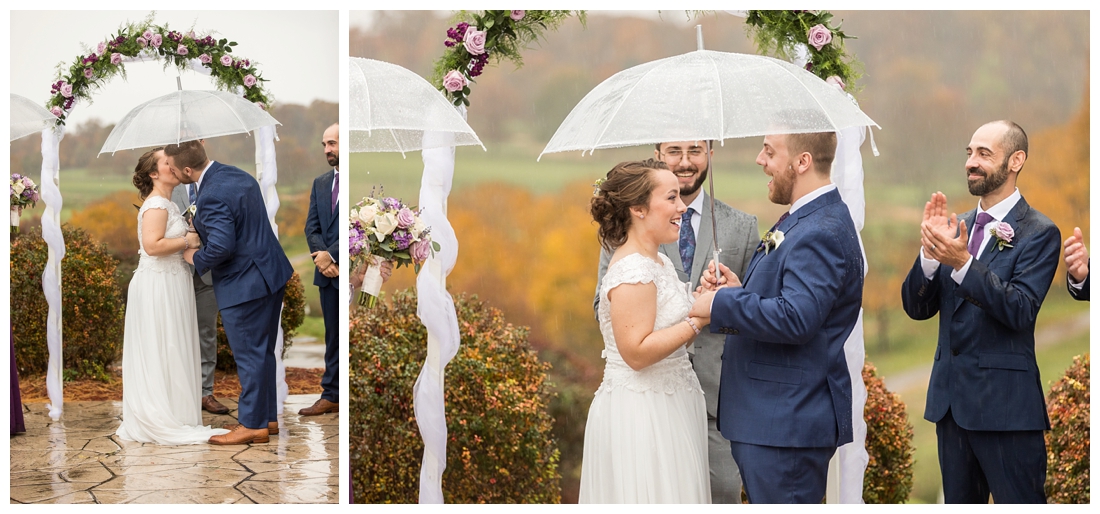 Fall wedding frederick maryland. PB dye golf club wedding. purple and navy wedding. disney themed wedding. rainy wedding day. rainy outdoor ceremony. Rain during the ceremony. Corgi cake topper.