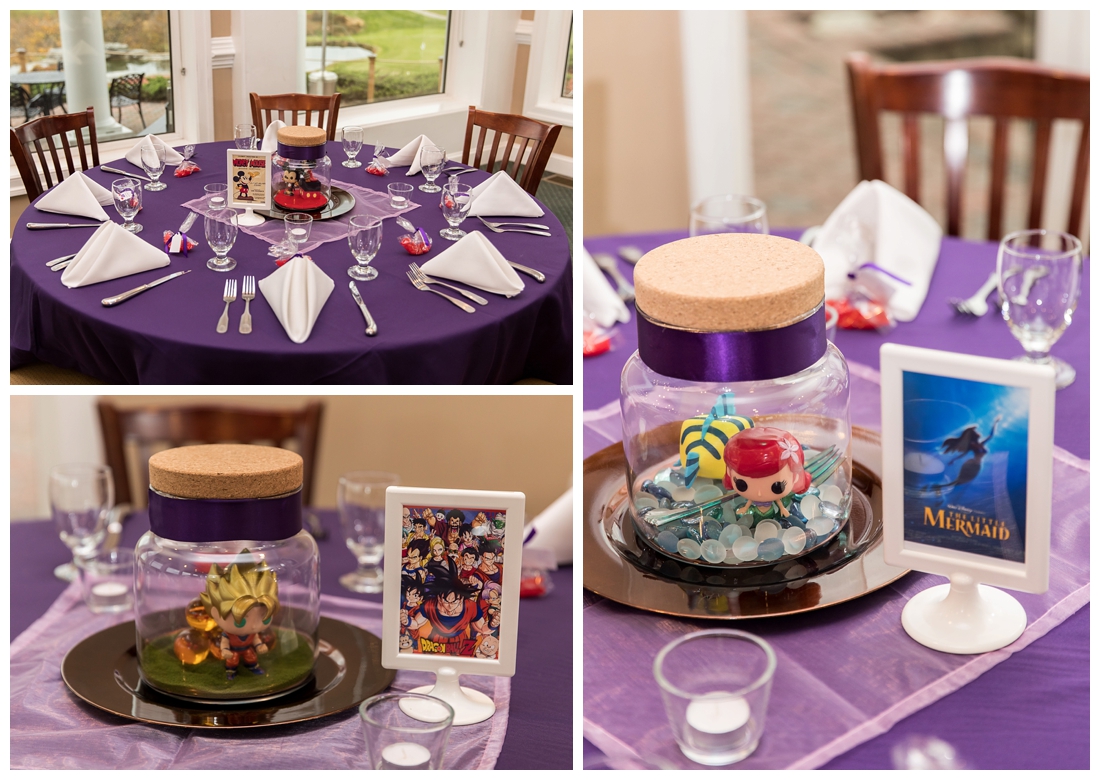 Fall wedding frederick maryland. PB dye golf club wedding. purple and navy wedding. disney themed wedding. rainy wedding day. rainy outdoor ceremony. Rain during the ceremony. Corgi cake topper.