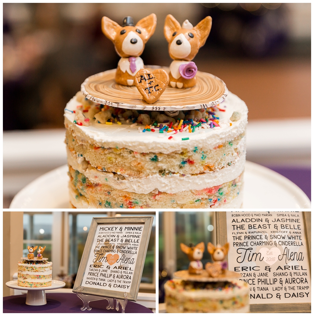 Fall wedding frederick maryland. PB dye golf club wedding. purple and navy wedding. disney themed wedding. rainy wedding day. rainy outdoor ceremony. Rain during the ceremony. Corgi cake topper.