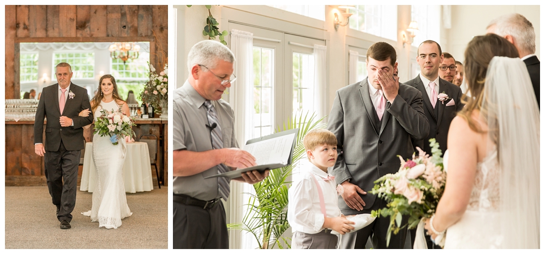 The Inn at Roops Mill Wedding. Westminster Wedding. Maryland Wedding. Lace wedding drerss. blush wedding. horseshoes. shotgun. Crying groom. Carroll county wedding photographer.