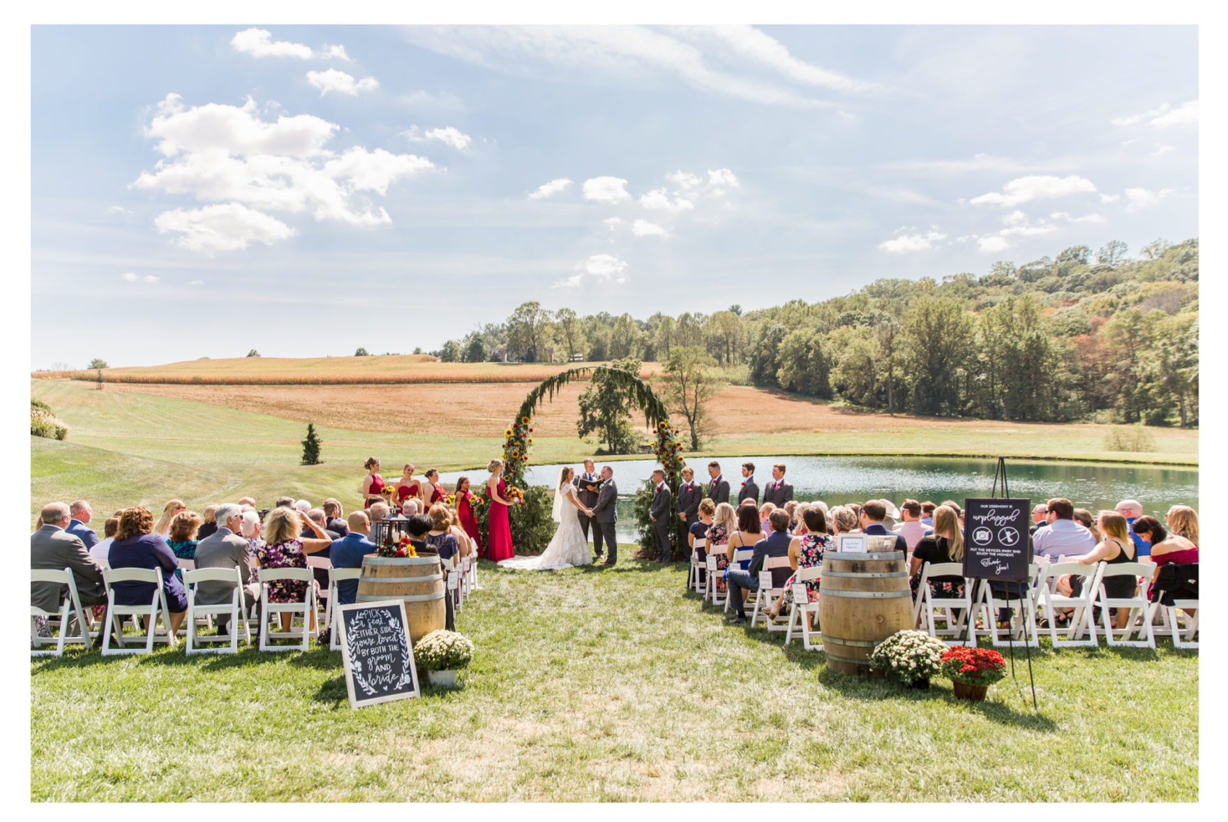 September Wedding. Fall Wedding. Hot September Day. Frederick Wedding Photographer. Stone Ridge Hollow. Forest Hill Maryland. Frederick Weddings. Sunflowers and Mums. Fall wedding decor. Waterfront Wedding. Farm Wedding. Barn Wedding. Deceased father of the bride. 