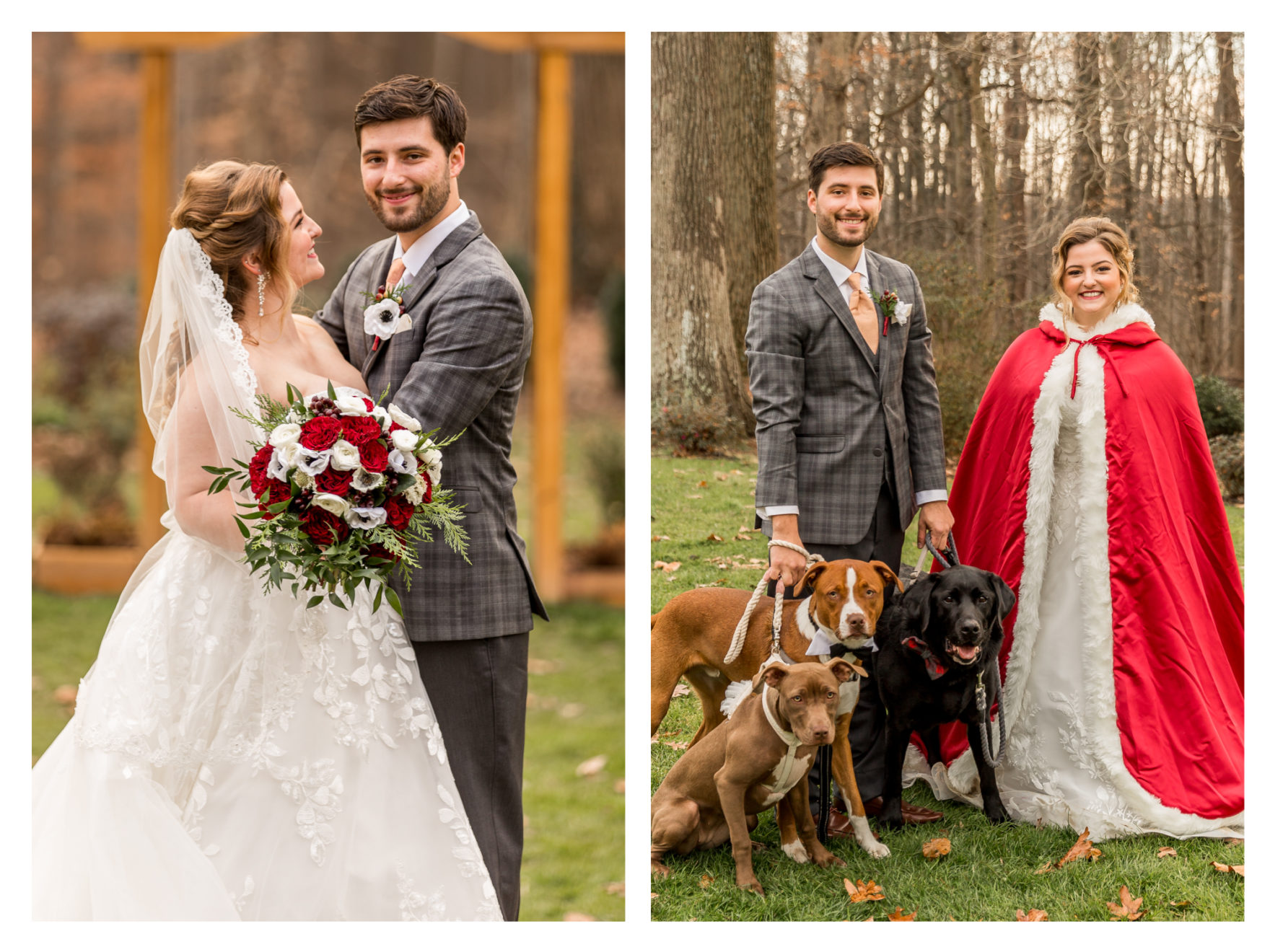 Winter Wedding. Beauty and the beast wedding. Green and red. Liriodendron mansion. Mansion Wedding. dog socks. florist's wedding. Roni's Roses. Covid wedding Pandemic wedding 