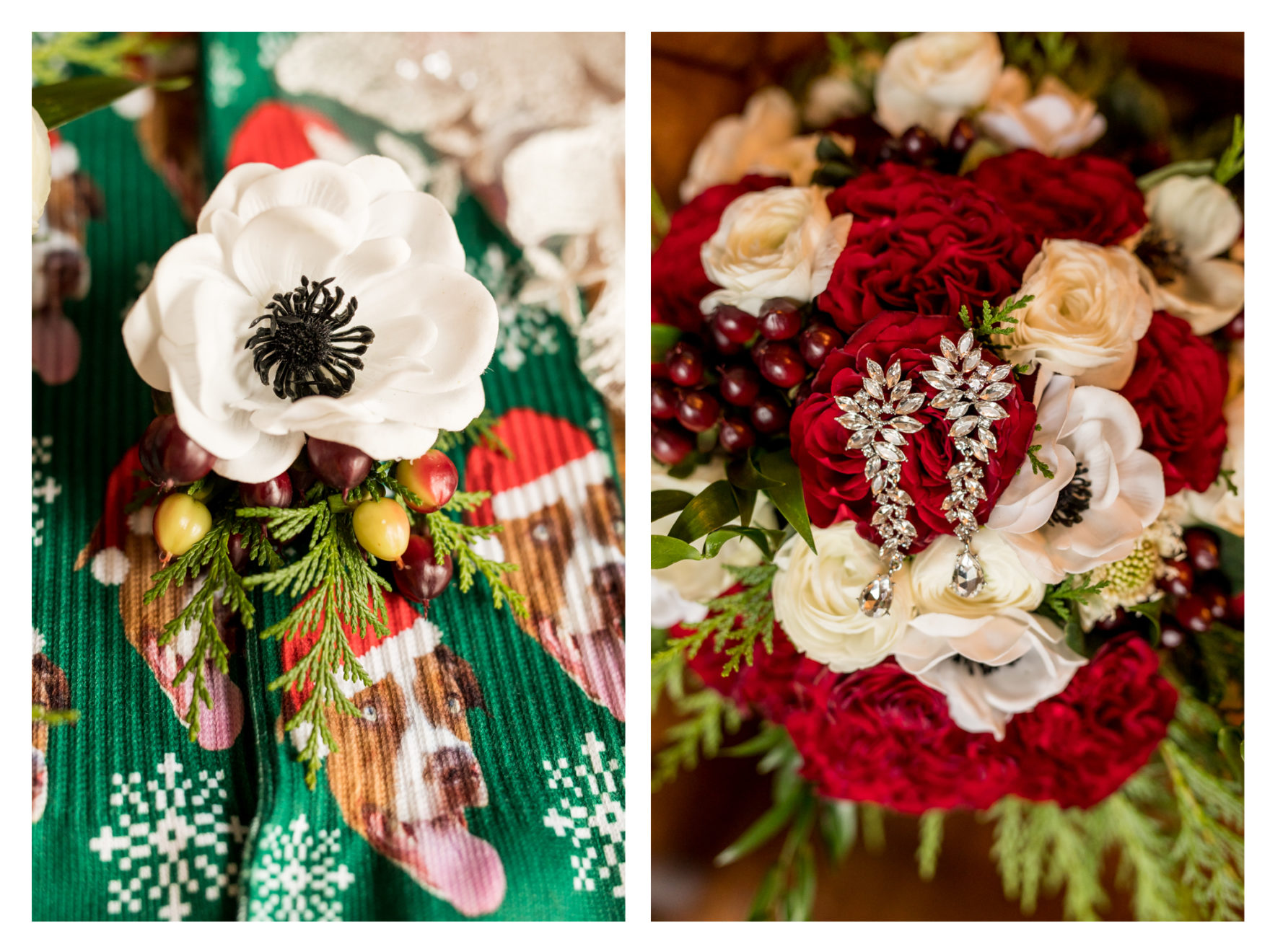 Winter Wedding. Beauty and the beast wedding. Green and red. Liriodendron mansion. Mansion Wedding. dog socks. florist's wedding. Roni's Roses. Covid wedding Pandemic wedding 