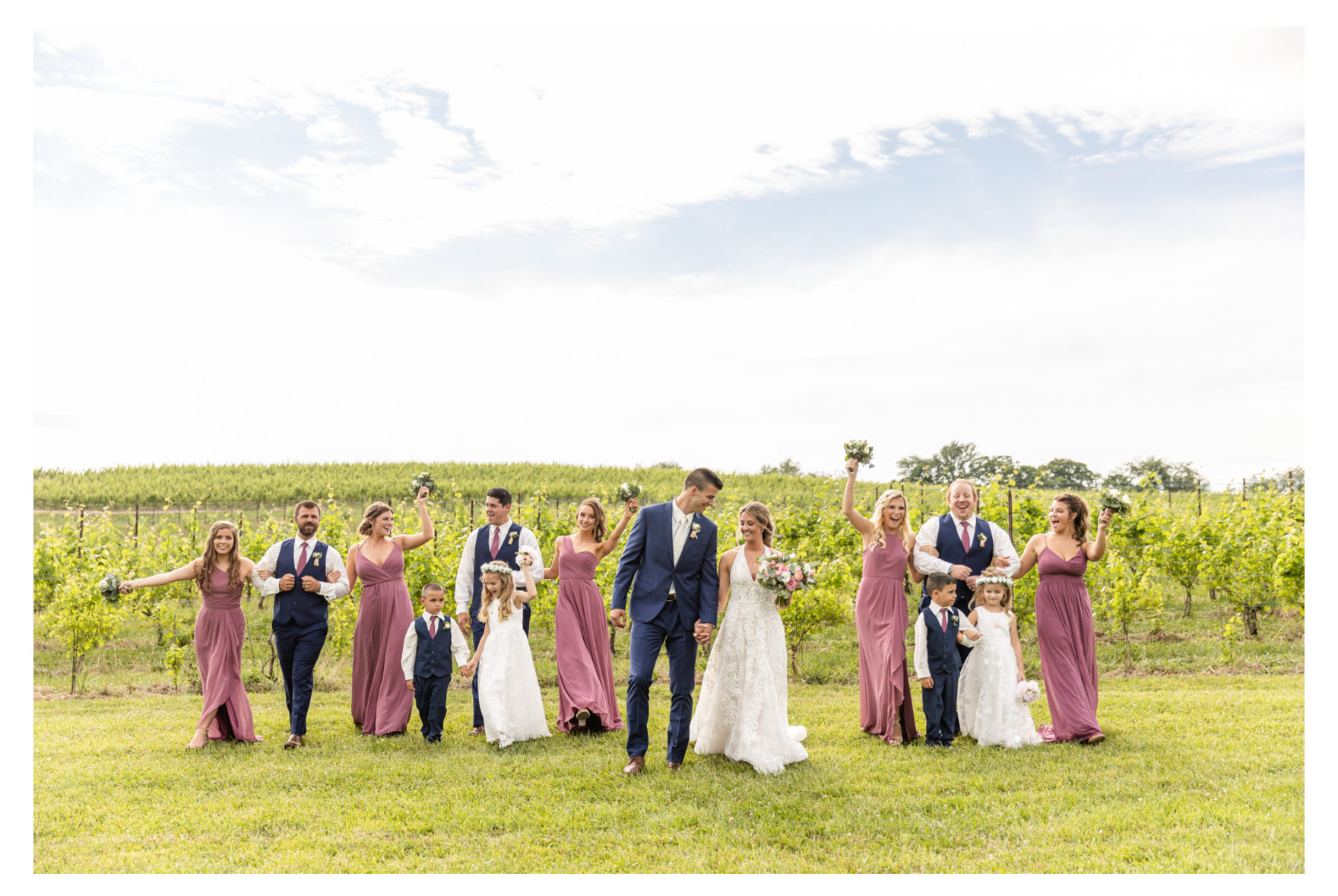 Summer wedding at Black Ankle Winery. Junior best men, gymnast dancing, mauve and navy wedding colors, double rainbow at wedding, sparkler send off