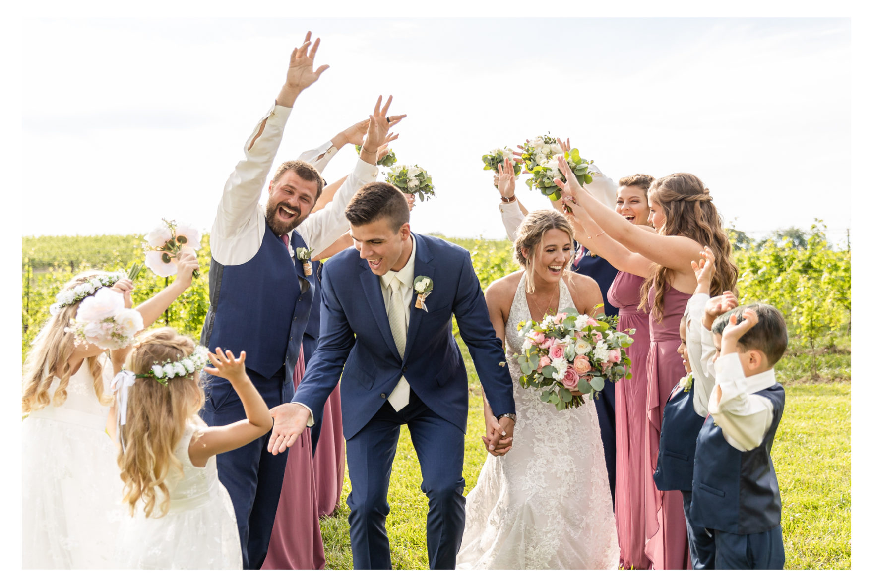 Summer wedding at Black Ankle Winery. Junior best men, gymnast dancing, mauve and navy wedding colors, double rainbow at wedding, sparkler send off