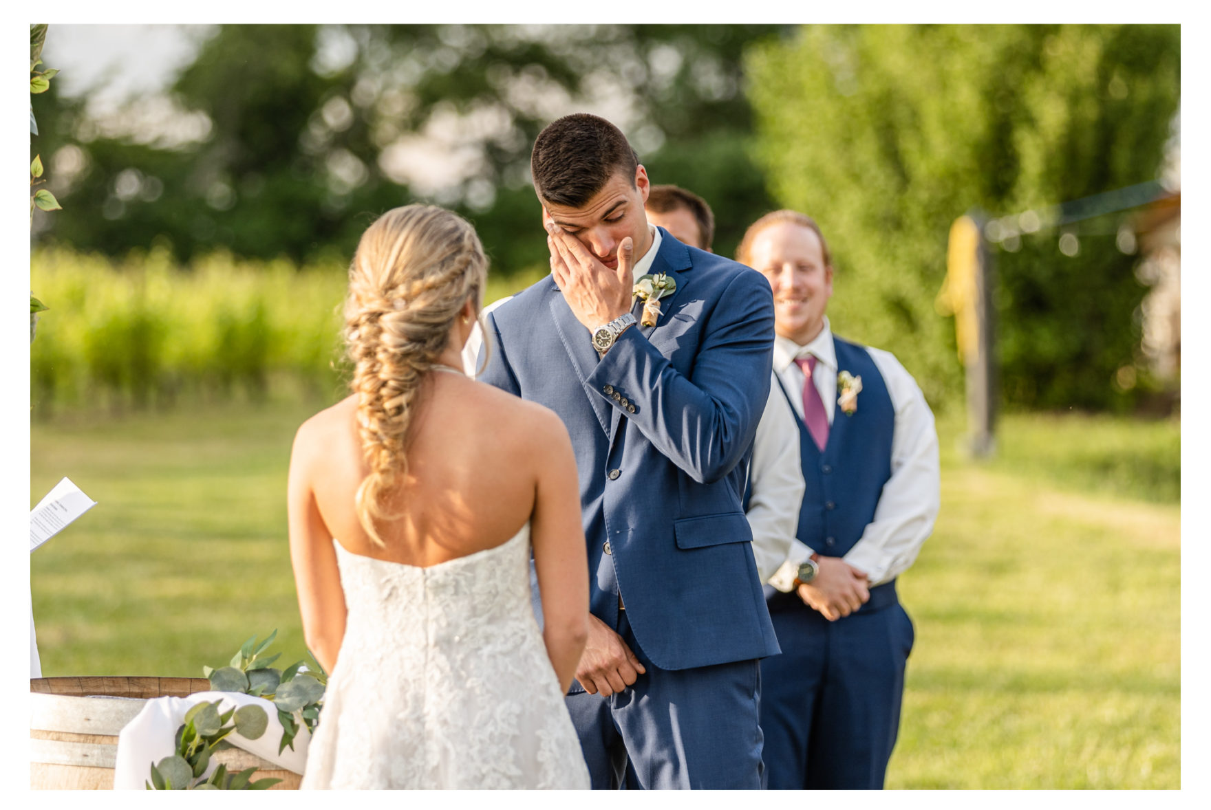 Summer wedding at Black Ankle Winery. Junior best men, gymnast dancing, mauve and navy wedding colors, double rainbow at wedding, sparkler send off