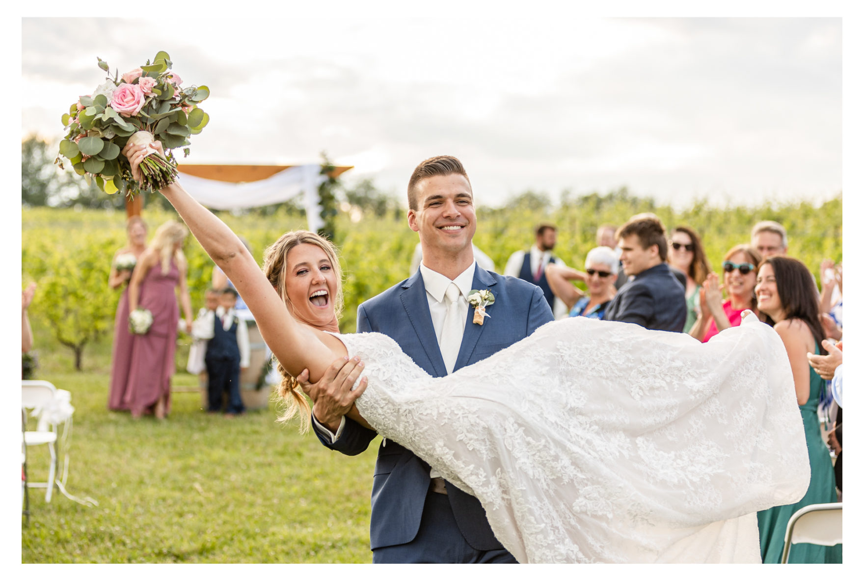 Summer wedding at Black Ankle Winery. Junior best men, gymnast dancing, mauve and navy wedding colors, double rainbow at wedding, sparkler send off