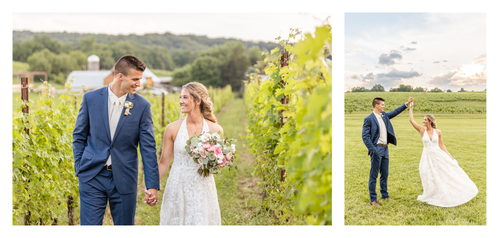 Summer wedding at Black Ankle Winery. Junior best men, gymnast dancing, mauve and navy wedding colors, double rainbow at wedding, sparkler send off