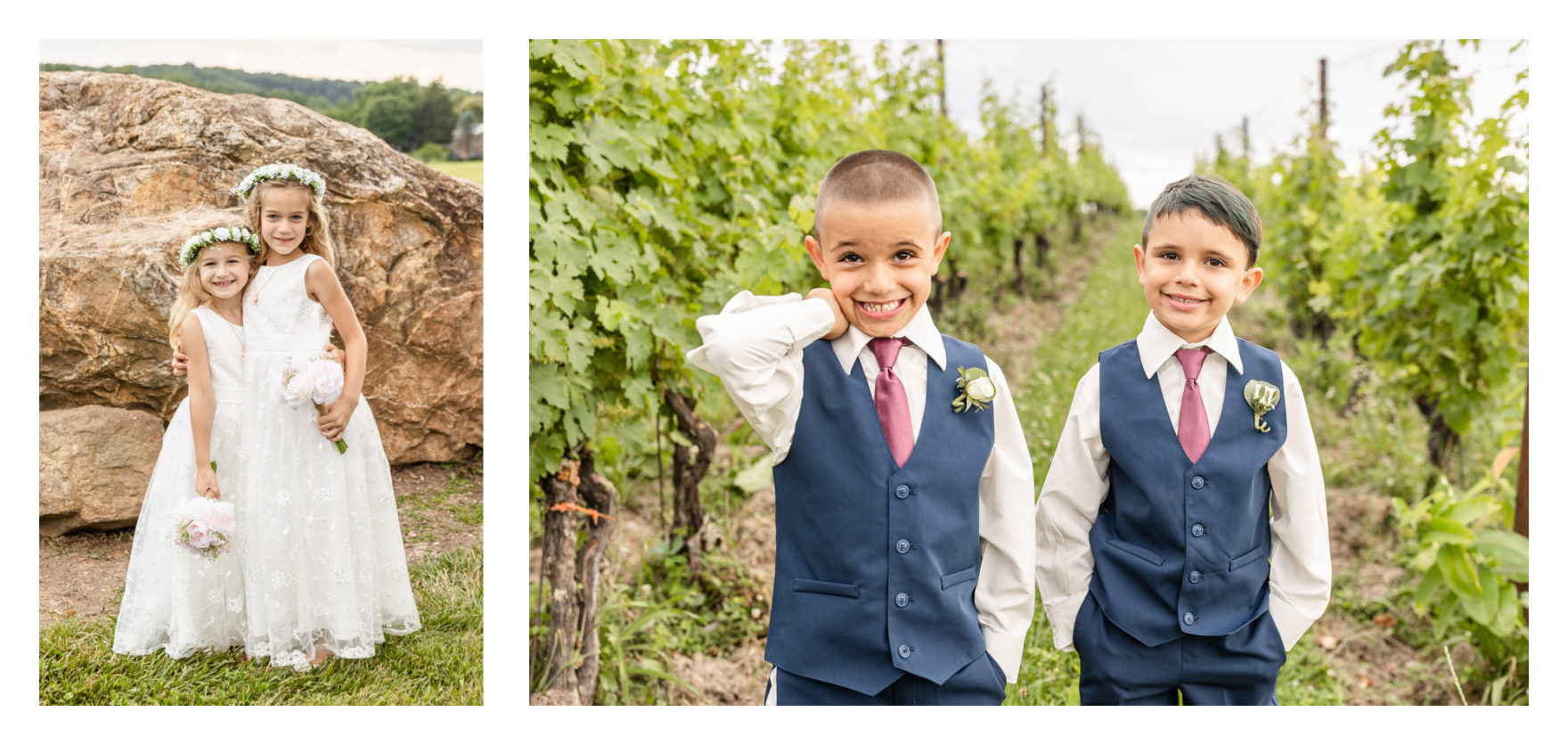 Summer wedding at Black Ankle Winery. Junior best men, gymnast dancing, mauve and navy wedding colors, double rainbow at wedding, sparkler send off