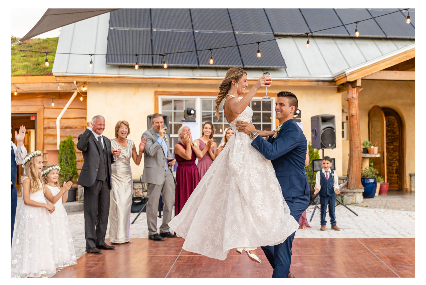 Summer wedding at Black Ankle Winery. Junior best men, gymnast dancing, mauve and navy wedding colors, double rainbow at wedding, sparkler send off