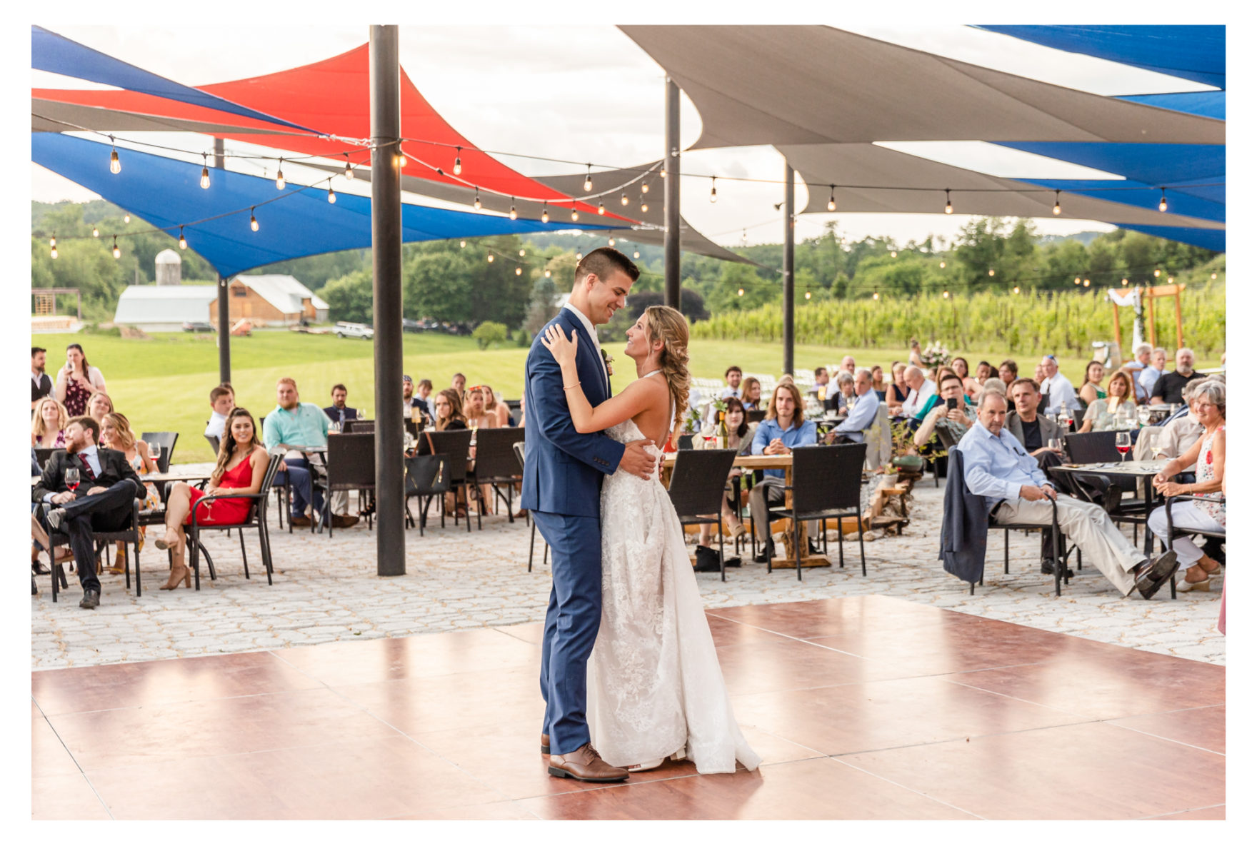 Summer wedding at Black Ankle Winery. Junior best men, gymnast dancing, mauve and navy wedding colors, double rainbow at wedding, sparkler send off