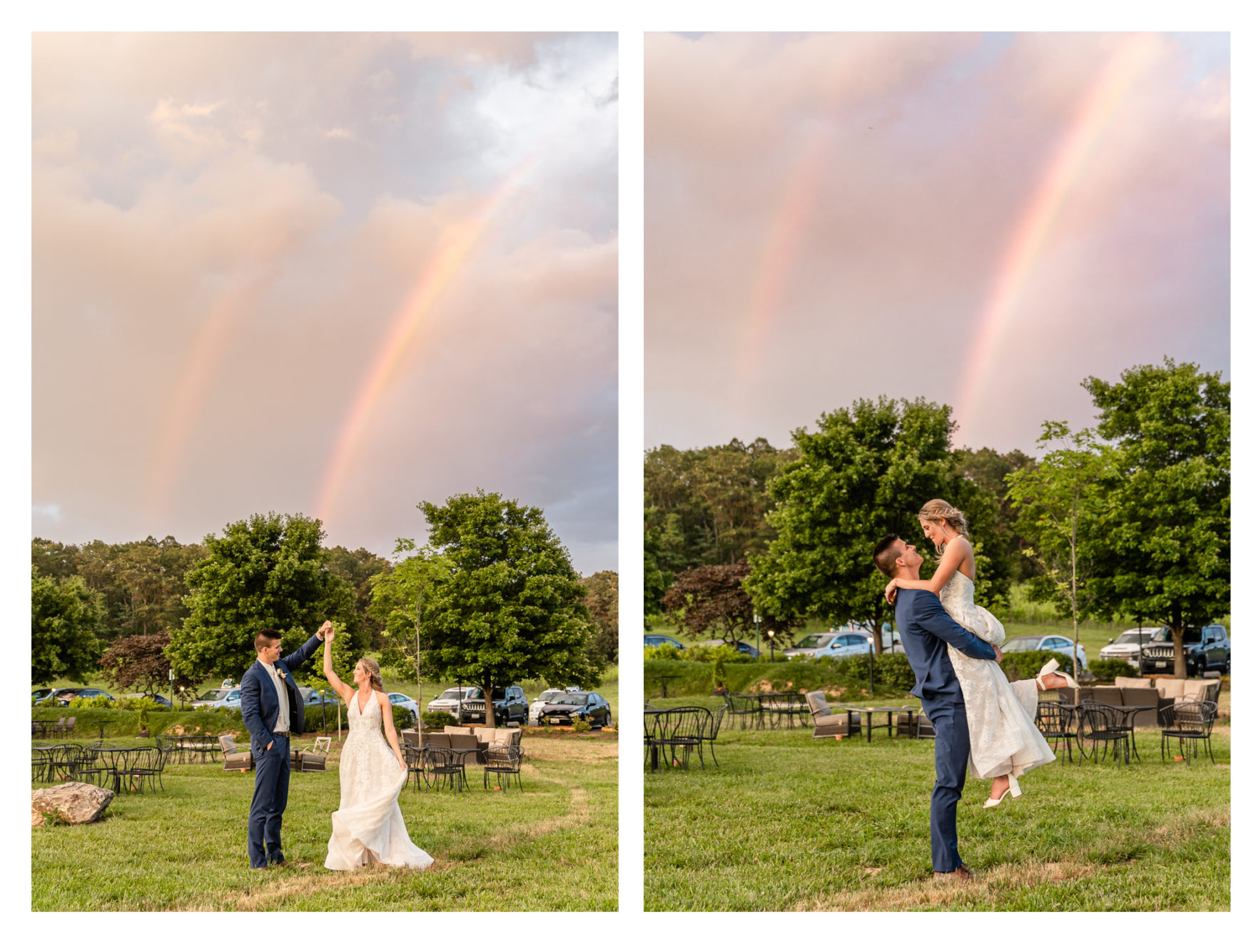 Summer wedding at Black Ankle Winery. Junior best men, gymnast dancing, mauve and navy wedding colors, double rainbow at wedding, sparkler send off