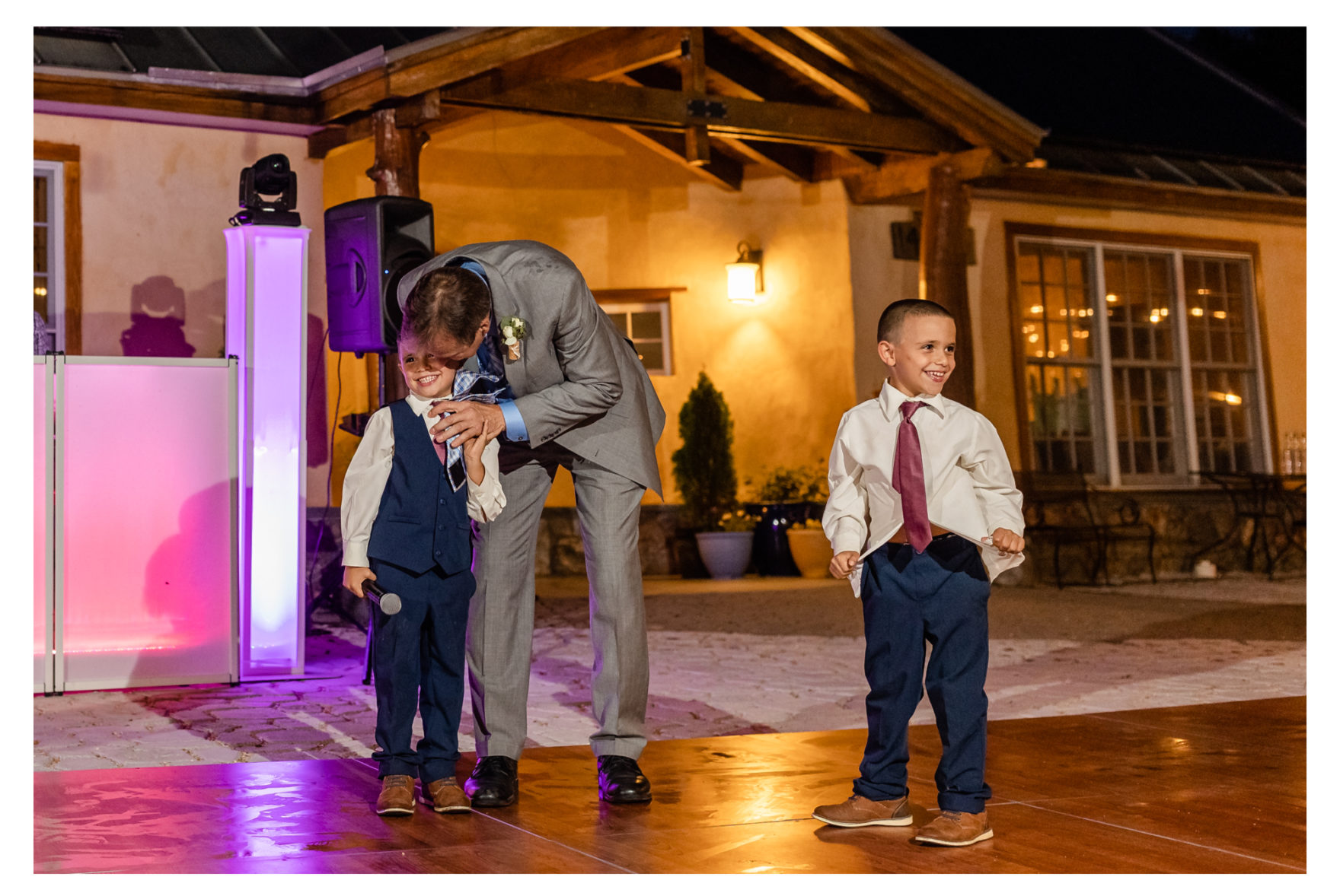 Summer wedding at Black Ankle Winery. Junior best men, gymnast dancing, mauve and navy wedding colors, double rainbow at wedding, sparkler send off