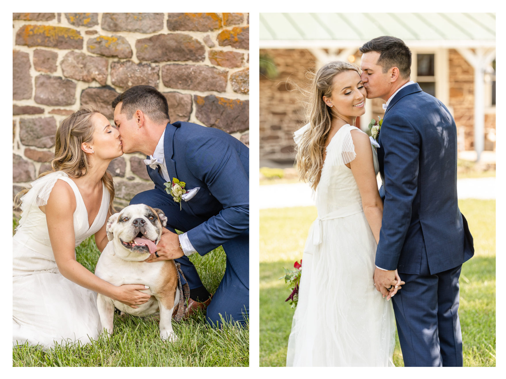 Summer wedding at a private residence farm in Westminster Carroll County Maryland. Cicadas, cows and dogs at the wedding. Pond view bride and groom with their dog